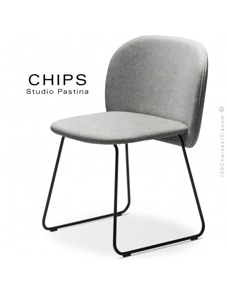 Chaise design CHIPS-SL, piétement luge acier peint noir, assise et dossier habillage tissu 101crème.