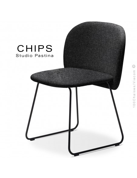 Chaise design CHIPS-SL, piétement luge acier peint noir, assise et dossier habillage tissu 200noirfoncé.