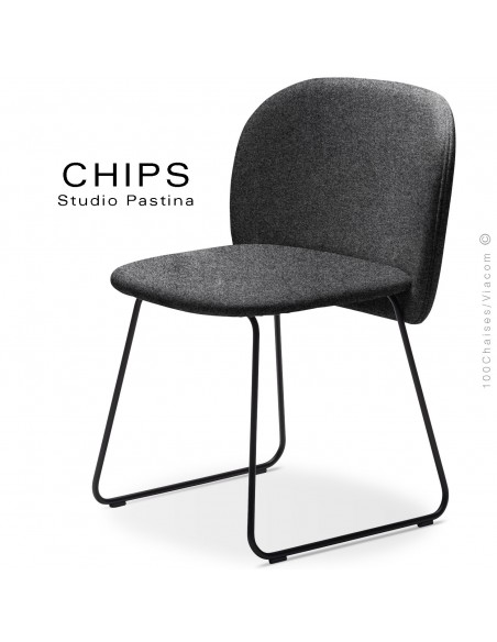 Chaise design CHIPS-SL, piétement luge acier peint noir, assise et dossier habillage tissu 201noirclair.