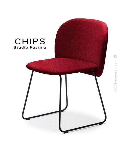 Chaise design CHIPS-SL, piétement luge acier peint noir, assise et dossier habillage tissu 305rouge.