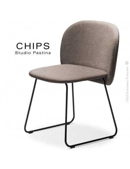 Chaise design CHIPS-SL, piétement luge acier peint noir, assise et dossier habillage tissu 402marron.