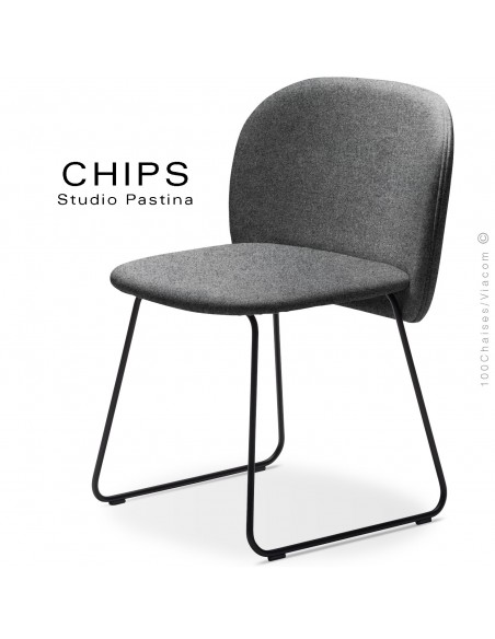 Chaise design CHIPS-SL, piétement luge acier peint noir, assise et dossier habillage tissu 600gris.