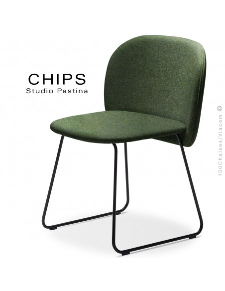 Chaise design CHIPS-SL, piétement luge acier peint noir, assise et dossier habillage tissu 800vert.