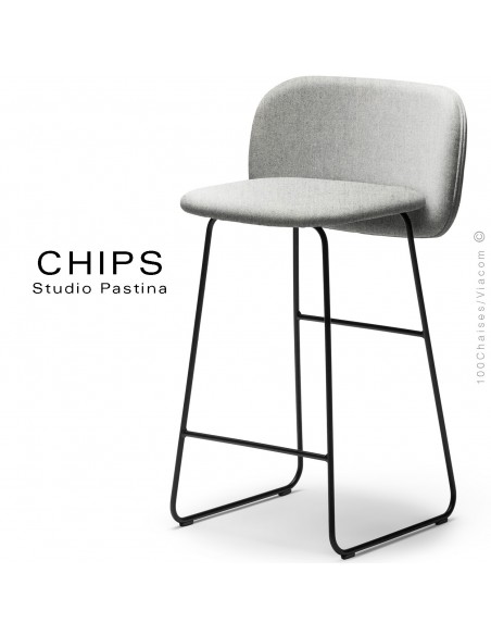 Tabouret de cuisine CHIPS-SL-SG-65, piétement luge acier peint noir, assise et dossier habillage tissu 101crème.