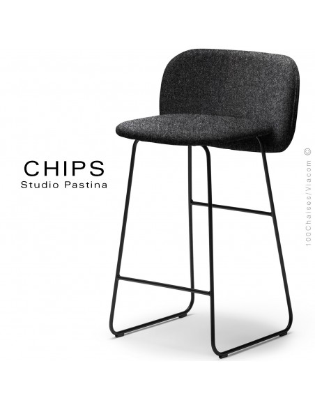 Tabouret de cuisine CHIPS-SL-SG-65, piétement luge acier peint noir, assise et dossier habillage tissu 200noirfoncé.