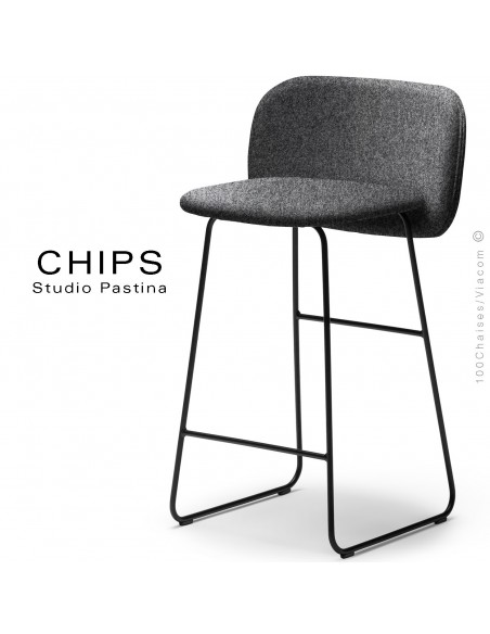 Tabouret de cuisine CHIPS-SL-SG-65, piétement luge acier peint noir, assise et dossier habillage tissu 201noirclair.