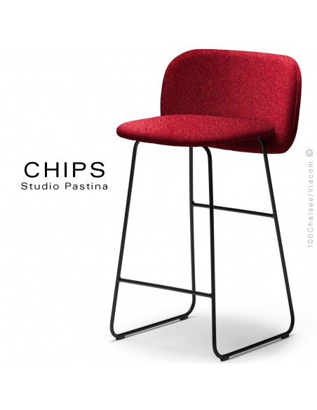 Tabouret de cuisine CHIPS-SL-SG-65, piétement luge acier peint noir, assise et dossier habillage tissu 305rouge.