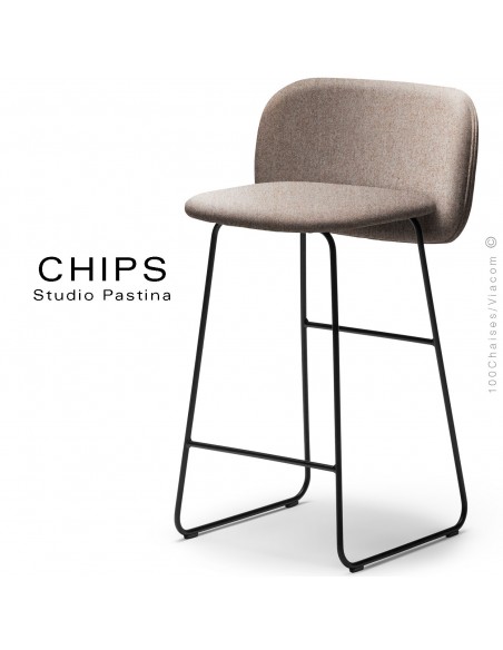 Tabouret de cuisine CHIPS-SL-SG-65, piétement luge acier peint noir, assise et dossier habillage tissu 402marron.