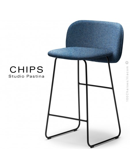 Tabouret de cuisine CHIPS-SL-SG-65, piétement luge acier peint noir, assise et dossier habillage tissu 700bleu.