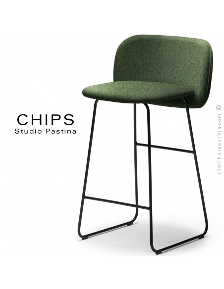 Tabouret de cuisine CHIPS-SL-SG-65, piétement luge acier peint noir, assise et dossier habillage tissu 800vert.