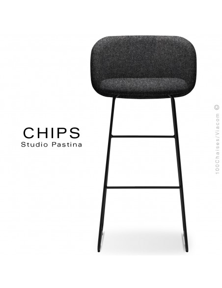 Tabouret de bar design CHIPS-SL-SG-80, piétement luge acier peint noir, assise et dossier habillage tissu 200 noir foncé.