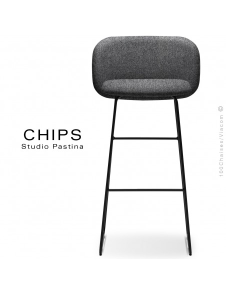 Tabouret de bar design CHIPS-SL-SG-80, piétement luge acier peint noir, assise et dossier habillage tissu 201 noir clair.