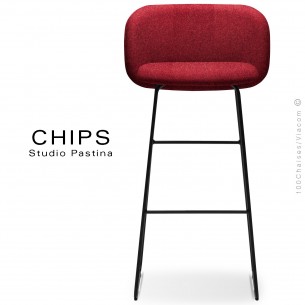 Tabouret de bar design CHIPS-SL-SG-80, piétement luge acier peint noir, assise et dossier habillage tissu 305 rouge.