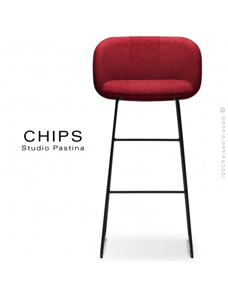 Tabouret de bar design CHIPS-SL-SG-80, piétement luge acier peint noir, assise et dossier habillage tissu 305 rouge.