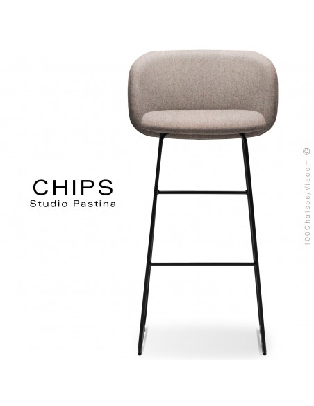Tabouret de bar design CHIPS-SL-SG-80, piétement luge acier peint noir, assise et dossier habillage tissu 402 marron.