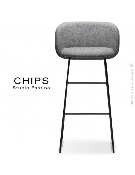 Tabouret de bar design CHIPS-SL-SG-80, piétement luge acier peint noir, assise et dossier habillage tissu 600 gris.