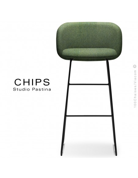 Tabouret de bar design CHIPS-SL-SG-80, piétement luge acier peint noir, assise et dossier habillage tissu 800 vert.