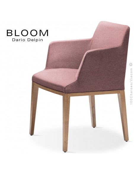 Fauteuil design BLOOM-SP, piétement bois chêne, assise et dossier habillage tissu 301rose.