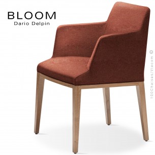 Fauteuil design BLOOM-SP, piétement bois chêne, assise et dossier habillage tissu 302rouge.