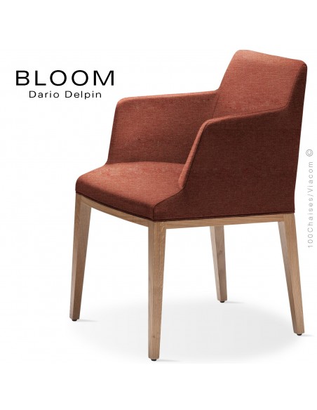 Fauteuil design BLOOM-SP, piétement bois chêne, assise et dossier habillage tissu 302rouge.