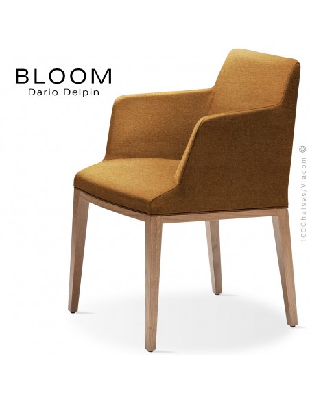 Fauteuil design BLOOM-SP, piétement bois chêne, assise et dossier habillage tissu 308orange.