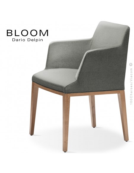 Fauteuil design BLOOM-SP, piétement bois chêne, assise et dossier habillage tissu 600gris.