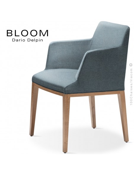 Fauteuil design BLOOM-SP, piétement bois chêne, assise et dossier habillage tissu 701bleu.