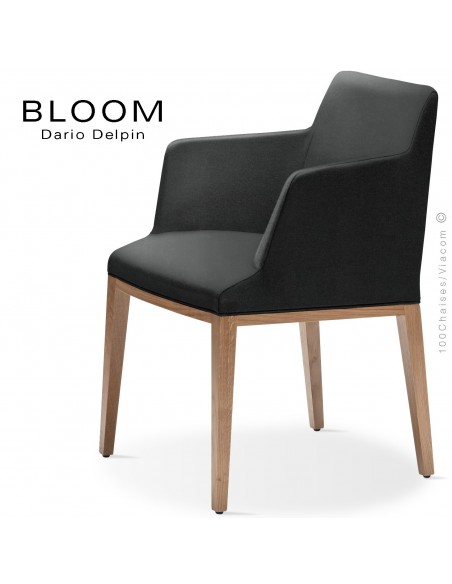 Fauteuil design BLOOM-SP, piétement bois chêne, assise et dossier habillage tissu 702noir.