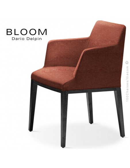 Fauteuil design BLOOM-SP, piétement bois chêne laqué noir, assise et dossier habillage tissu 302rouge.
