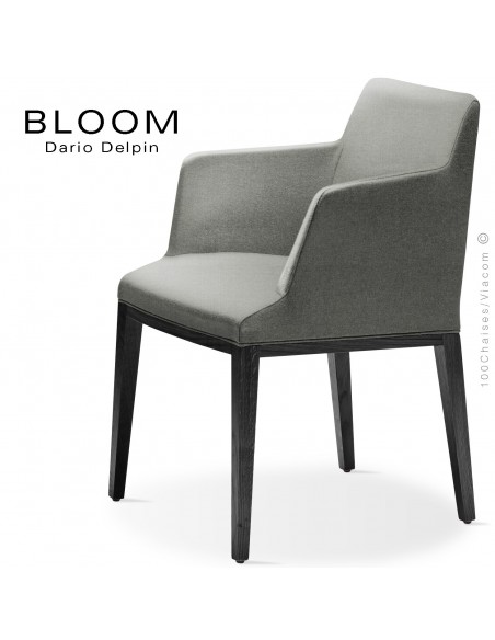 Fauteuil design BLOOM-SP, piétement bois chêne laqué noir, assise et dossier habillage tissu 600gris.