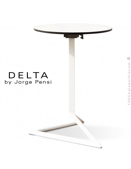 Table design DELTA, piétement fantaisie aluminum peint blanc, plateau Ø50, type Compact HPL blanc.