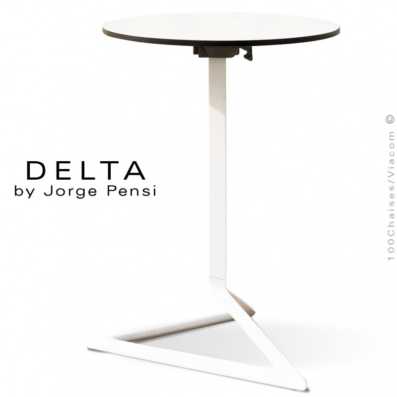 Table design DELTA, piétement fantaisie aluminum peint blanc, plateau Ø50, type Compact HPL blanc.