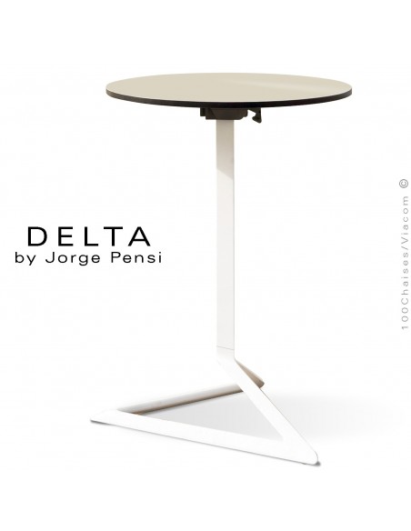 Table design DELTA, piétement fantaisie aluminum peint blanc, plateau Ø50, type Compact HPL écru.