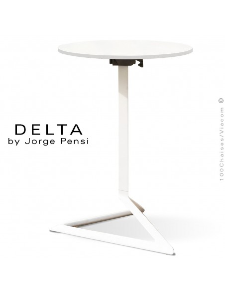 Table design DELTA, piétement fantaisie aluminum peint blanc, plateau Ø50, type Compact HPL FULL blanc.