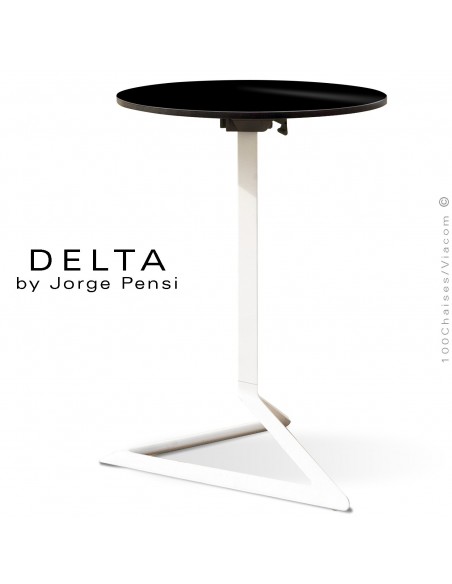 Table design DELTA, piétement fantaisie aluminum peint blanc, plateau Ø50, type Compact HPL noir.