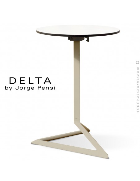 Table design DELTA, piétement fantaisie aluminum peint écru, plateau Ø50, type Compact HPL blanc.