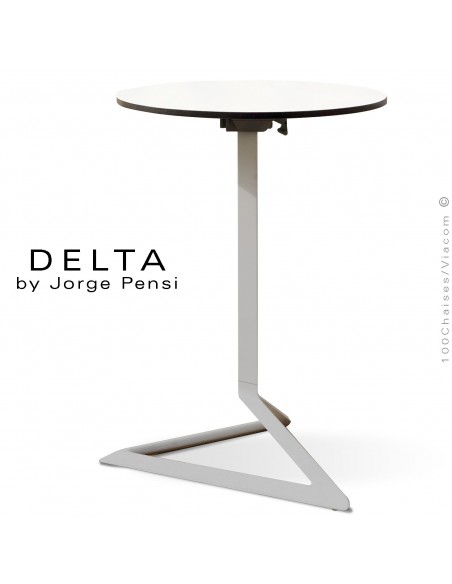 Table design DELTA, piétement fantaisie aluminum peint gris, plateau Ø50, type Compact HPL blanc.