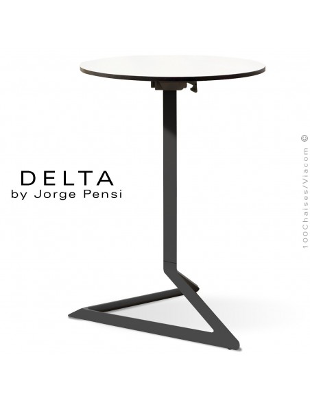 Table design DELTA, piétement fantaisie aluminum peint noir, plateau Ø50, type Compact HPL blanc.