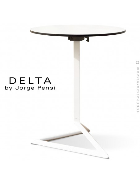 Table design DELTA, piétement fantaisie aluminum peint blanc, plateau Ø60 type Compact HPL blanc.