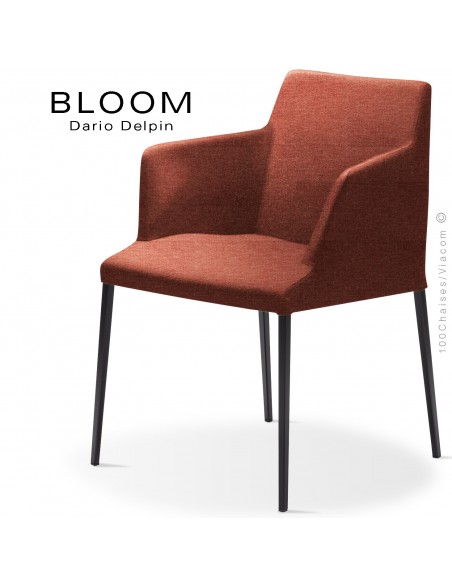 Fauteuil design BLOOM-MP, piétement acier noir, assise et dossier habillage tissu 302rouge.