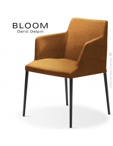 Fauteuil design BLOOM-MP, piétement acier noir, assise et dossier habillage tissu 308orange.