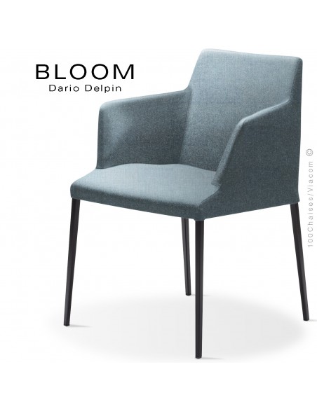 Fauteuil design BLOOM-MP, piétement acier noir, assise et dossier habillage tissu 701bleu.