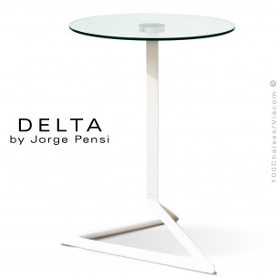 Table design DELTA, piétement fantaisie aluminium peint blanc, plateau Ø50 cm., verre transparent securit.