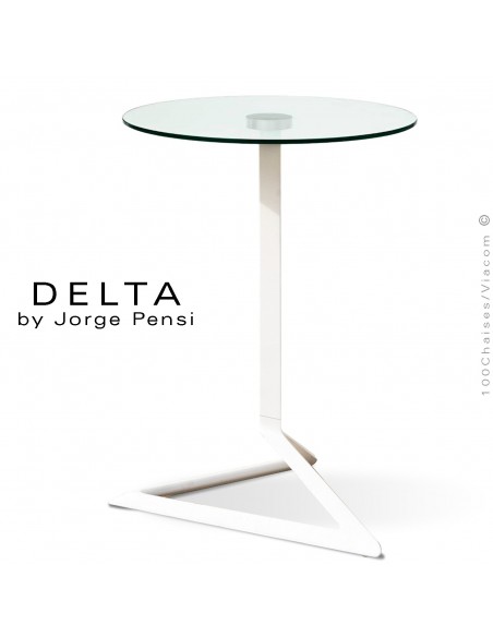 Table design DELTA, piétement fantaisie aluminium peint blanc, plateau Ø50 cm., verre transparent securit.
