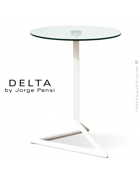 Table design DELTA, piétement fantaisie aluminium peint blanc, plateau Ø60 cm., verre transparent securit.
