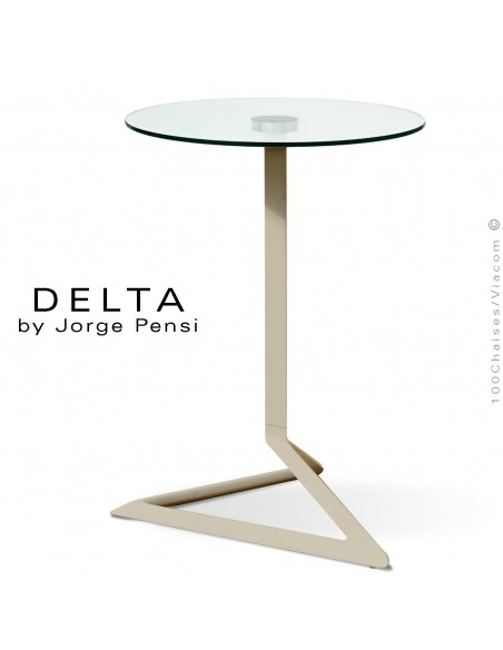 Table design DELTA, piétement fantaisie aluminium peint écru, plateau Ø50 cm., verre transparent securit.