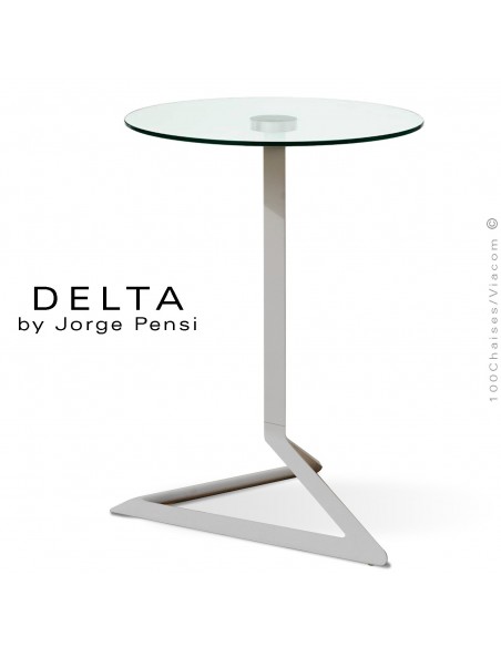 Table design DELTA, piétement fantaisie aluminium peint gris, plateau Ø50 cm., verre transparent securit.