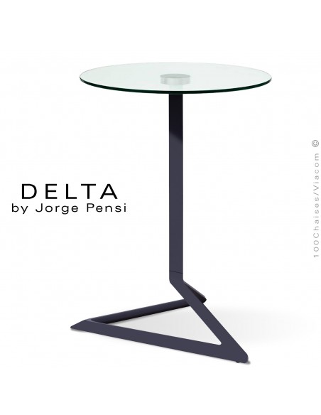 Table design DELTA, piétement fantaisie aluminium peint noir, plateau Ø50 cm., verre transparent securit.