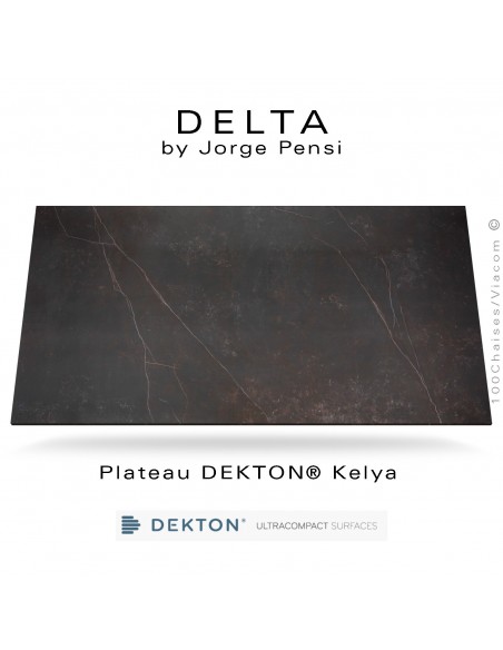 Plateau table DEKTON, couleur Kelya pour table design DELTA, piétement fantaisie aluminium peint.