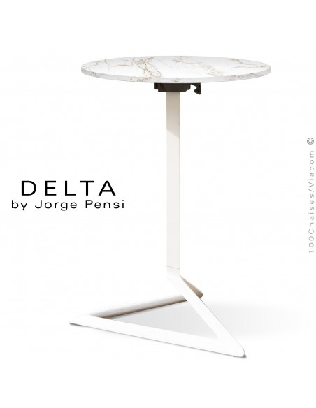 Table design DELTA, plateau pierre DEKTON, Ø50 cm., couleur Entzo piétement aluminium peint blanc.